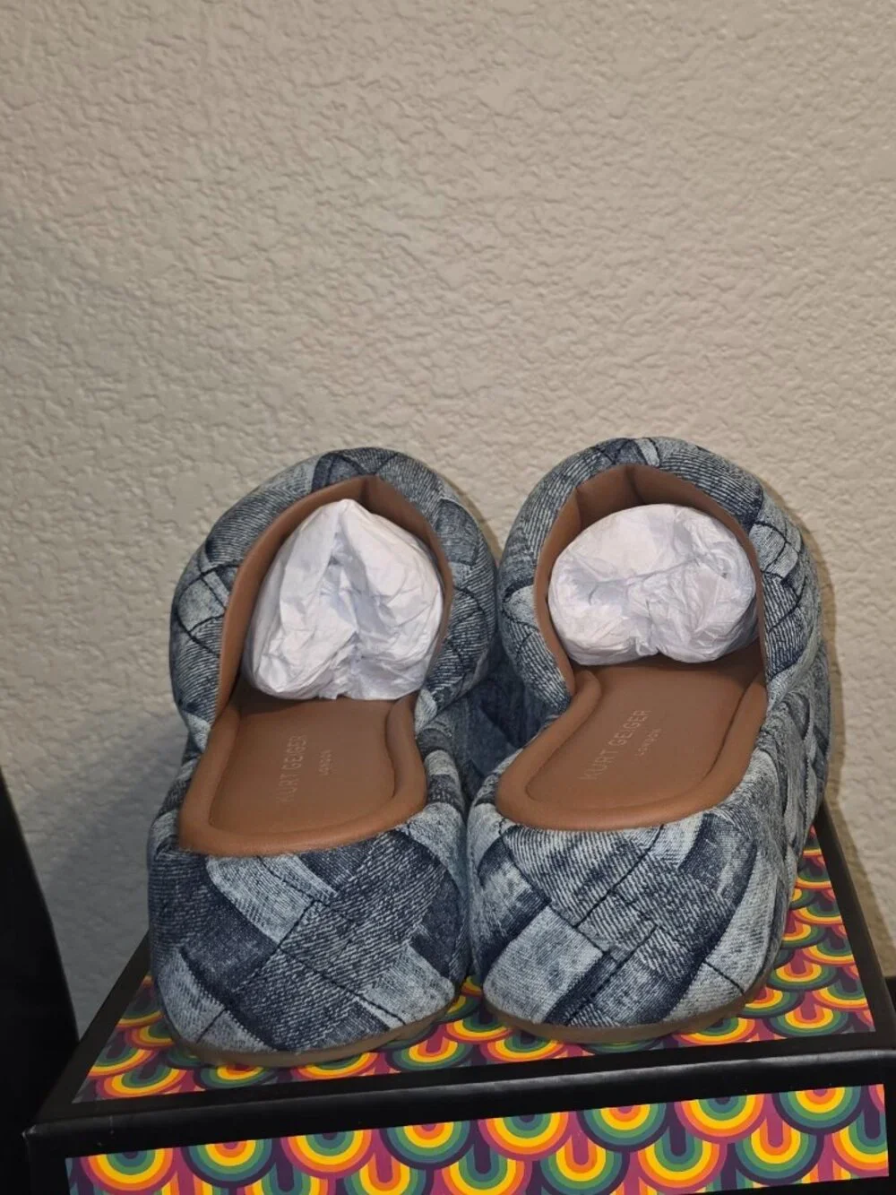 Kurt Geiger Kensington Quilted Denim Patchwork Logo Ornament Platform Slide